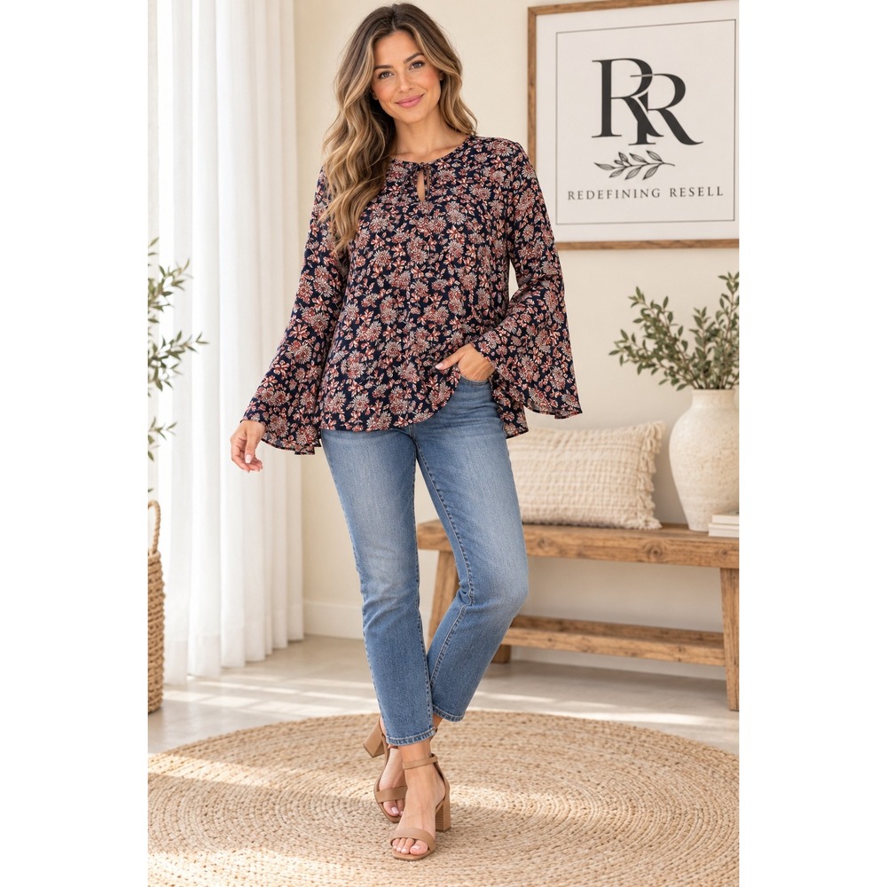 Entro Navy Floral Bell Sleeve Blouse T6247 Navy Rust Boho Keyhole Top Medium